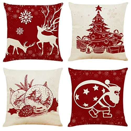 4PCS 18"x18" Throw Pillow Covers Christmas Decorative Couch Red and Beige