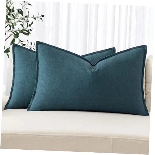 Decorative Linen Lumbar Pillow Covers 1x0 Inch 20" x 12" (Pack of 2) 2 Blue