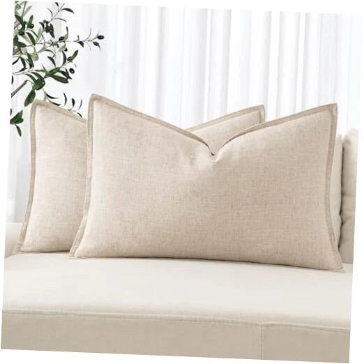 Decorative Linen Lumbar Pillow Covers 24" x 12" (Pack of 2) 2 Natural Beige