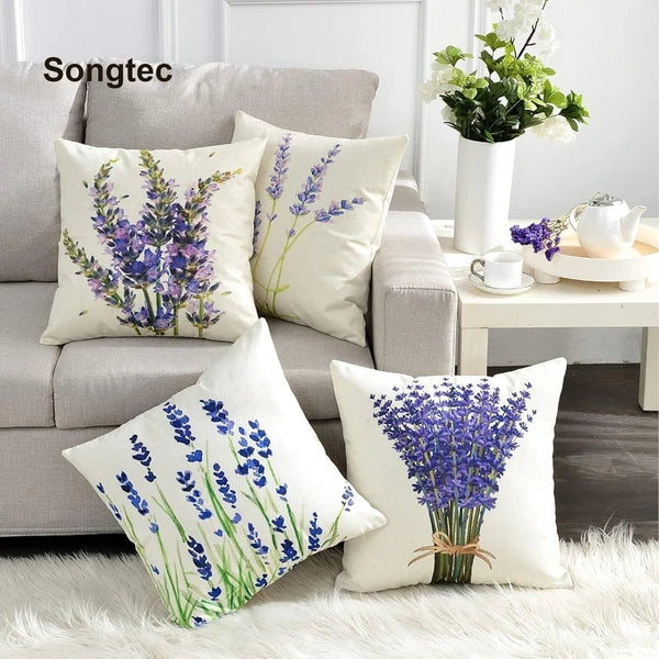 Vibrant HD Print Pillow Covers 18x18 - Lavender Flower Set of 4 for Sofa and Bed