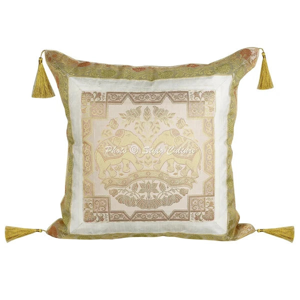 White Cushion Cover Brocade Jacquard Gypsy Elephant Tribal Hippie Pillow