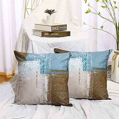 Set of 2 Decorative Pillow Case Throw 18x18 Set of 2 Blue Brown Abstract