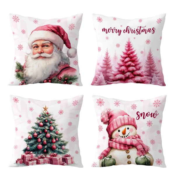 4pcs Xmas Snowman Pink Santa Claus Pillow Case Cushion Cover Sofa Home Decor