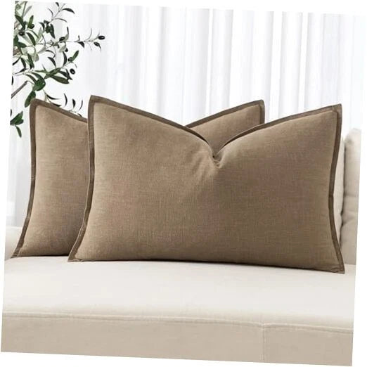 Decorative Linen Lumbar Pillow Covers 1x0 Inch 20" x 12" (Pack of 2) 2 Khaki