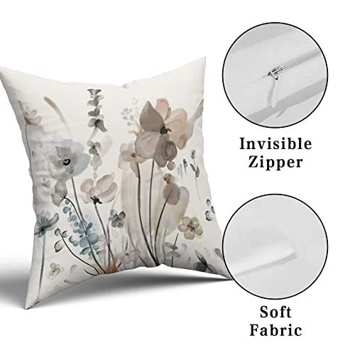 Watercolor Floral Pillow Covers 18X18 in Brown Cream Grey Teal Flower Couch