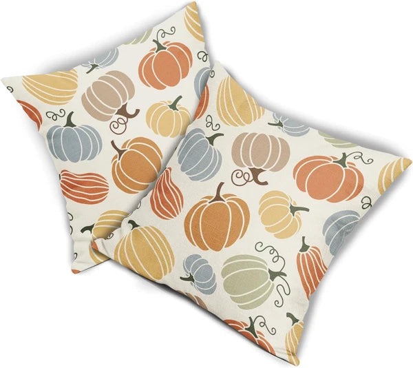 Fall Pillow Covers 20X20 Set of 2 Thanksgiving Themed Blue Yellow Orange Pumpkin