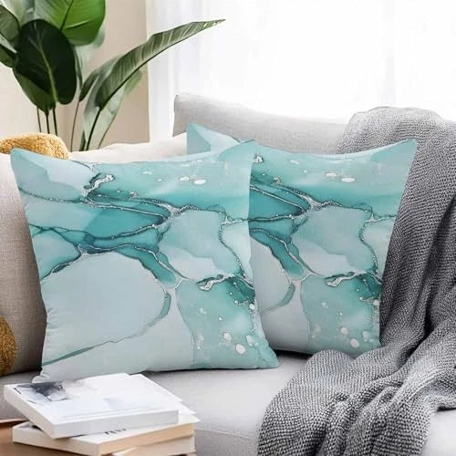Waterproof Pillow Cases 2-Pack, Abstract Art Retro Marble 18"x18"x2 Turquoise
