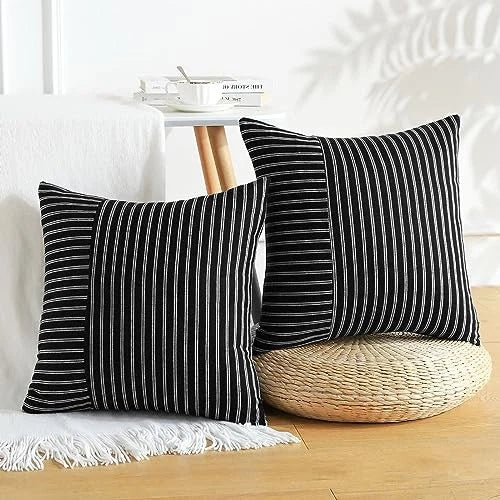 Pack of 2 Striped Patchwork Farmhouse Pillow 20" x 20" (Pack of 2) White Black