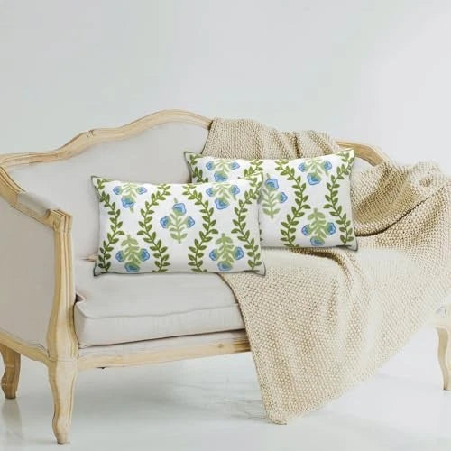 Set of 2 Embroidered Decorative Throw Pillow Covers Couch Blue Floral-lumbar