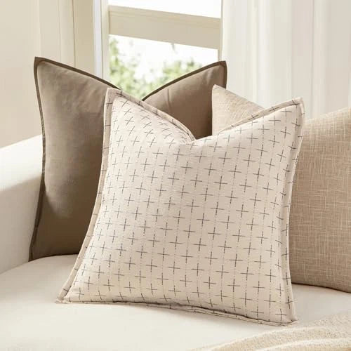 Decorative Burlap Linen Throw Pillows Covers 22x22 22" x 22" (Pack of 2) Beige
