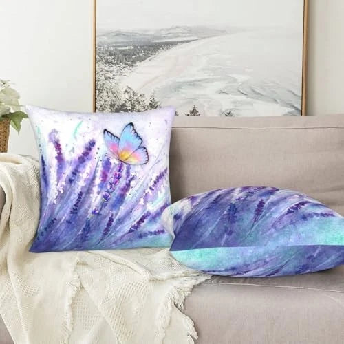 2Pcs Purple Floral Throw Pillow Case, Cute Lavender Purple Lavender Butterfly