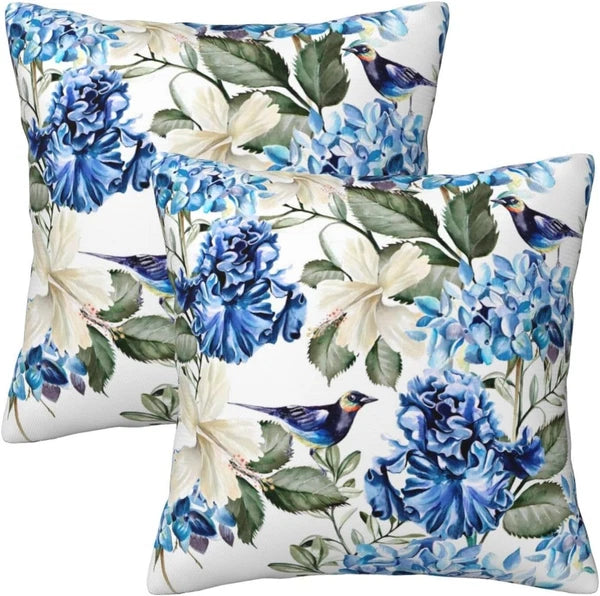 Blue and White Floral Pillow Covers 18X18 Set of 2, Spring Hydrangea Hibiscus Fl