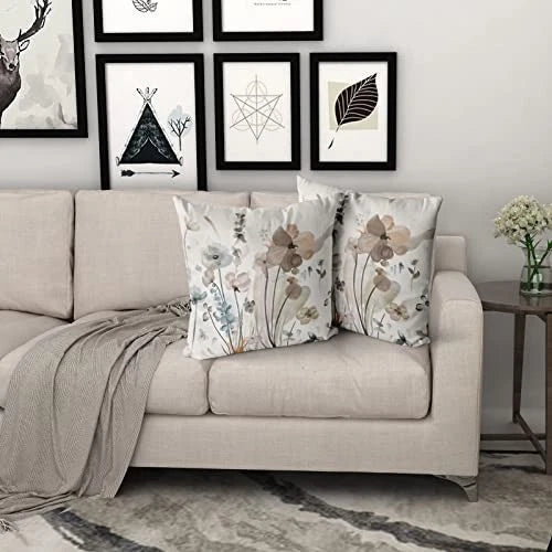 Watercolor Floral Pillow Covers 18X18 in Brown Cream Grey Teal Flower Couch