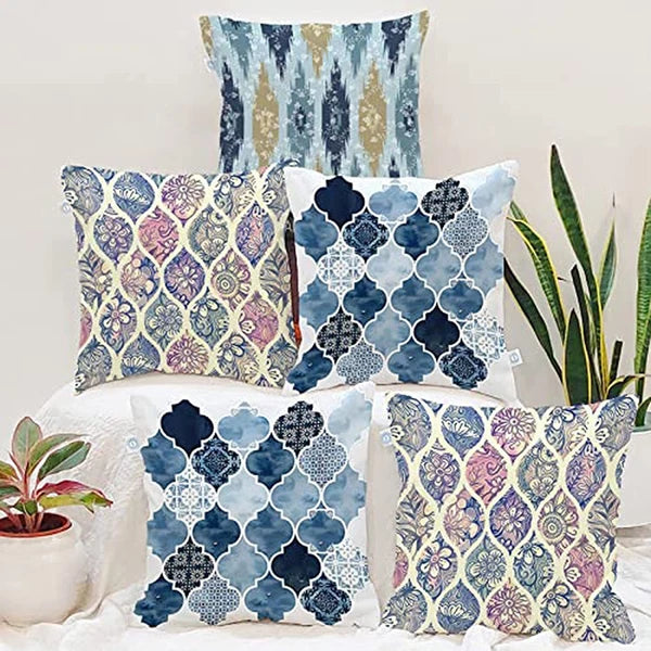Floral Printed Canvas Cotton Premium Cushion Covers, Set of 5 ( 18 x 18 Inches )