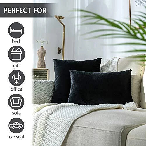 Super Soft Velvet Throw Pillow Covers Square 2 pieces, 18"x18" Black