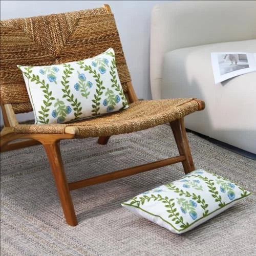 Set of 2 Embroidered Decorative Throw Pillow Covers Couch Blue Floral-lumbar