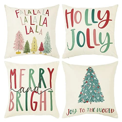 Merry Bright Christmas Pillow Covers Colorful Holiday 20" x 20" (Pack of 4)