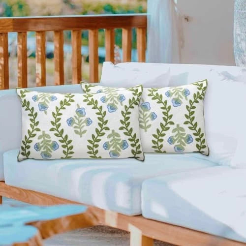 Set of 2 Embroidered Decorative Throw Pillow Covers Couch Blue Floral-lumbar