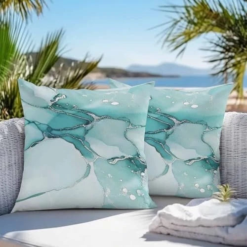 Waterproof Pillow Cases 2-Pack, Abstract Art Retro Marble 18"x18"x2 Turquoise