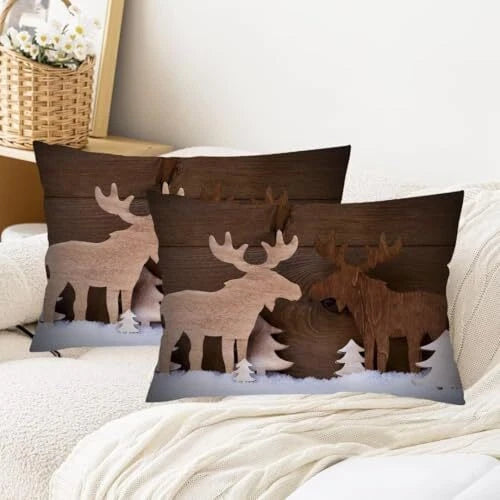 Christmas Throw Pillow Cover Queen Size Set of 2,Moose On White Brown White