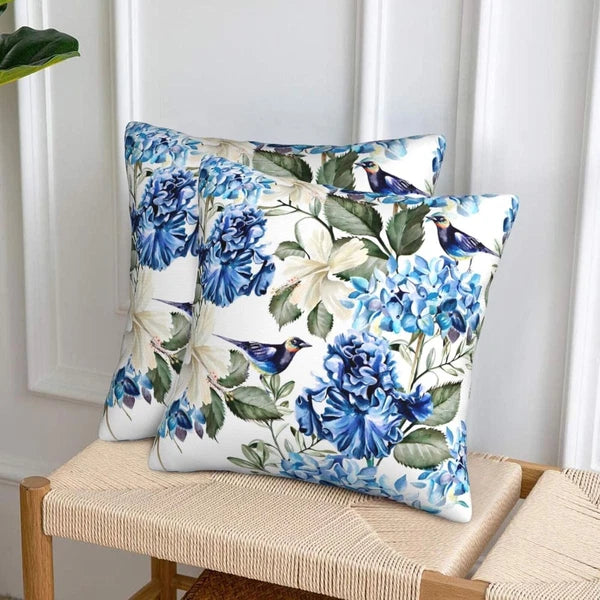 Blue and White Floral Pillow Covers 18X18 Set of 2, Spring Hydrangea Hibiscus Fl