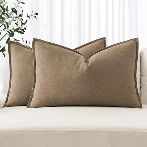 Decorative Linen Lumbar Pillow Covers 1x0 Inch 20" x 12" (Pack of 2) 2 Khaki