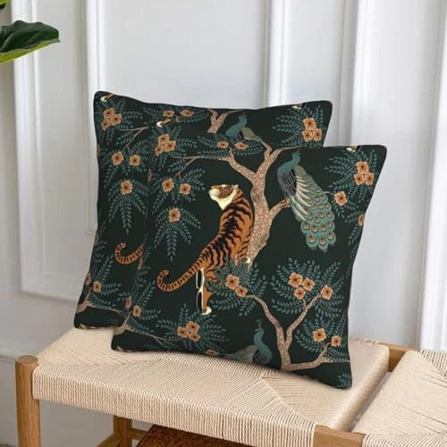 Tiger and Peacock Pillow Covers 18x18 in Couch Pillow Case Sets of 2 Modern