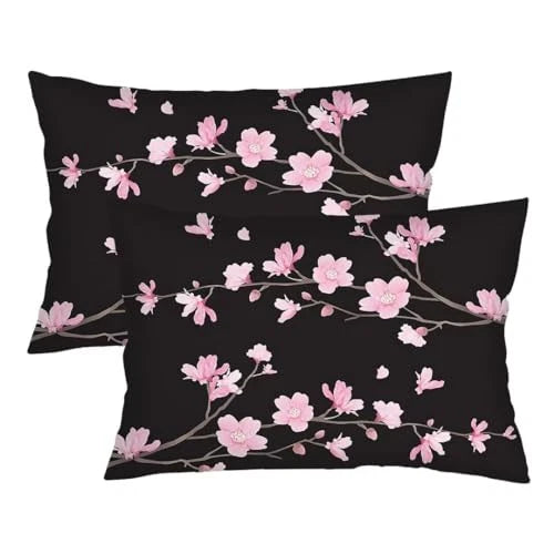 Cherry Blossoms Throw Pillow Cover Queen Size Set of 2 Floral Printed Lumbar