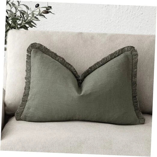 Decorative Linen Fringe Lumbar Throw Pillow 20" x 12" (Pack of 1) Olive Green