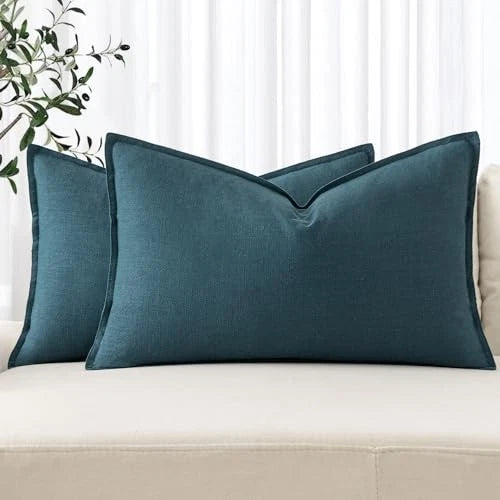 Decorative Linen Lumbar Pillow Covers 1x0 Inch 20" x 12" (Pack of 2) 2 Blue