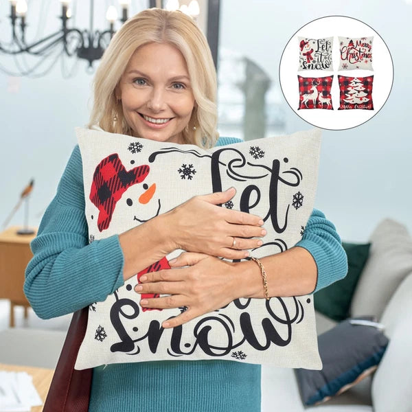 4pcs Christmas Cushion Cover Linen Printed Decorative Pillowcase for Sofa Seat