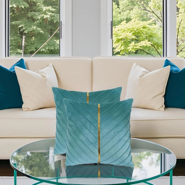 Tosleo Aqua Green Velvet Throw Pillow Covers 16X16 Inch Pack of 2 with Gold Leat