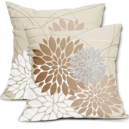 Light Brown Flower Pillow Covers 18" x 18" (Pack of 2) Light Brown Grey White