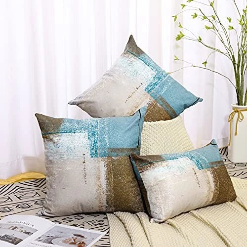 Set of 2 Decorative Pillow Case Throw 18x18 Set of 2 Blue Brown Abstract