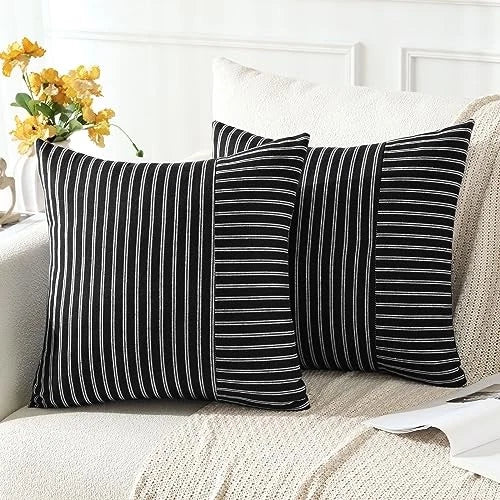 Pack of 2 Striped Patchwork Farmhouse Pillow 20" x 20" (Pack of 2) White Black