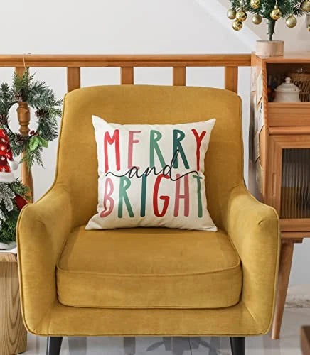 Merry Bright Christmas Pillow Covers Colorful Holiday 20" x 20" (Pack of 4)