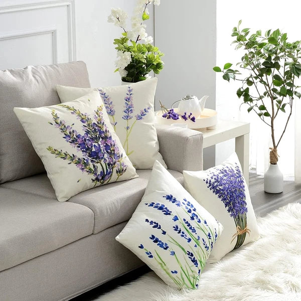 Vibrant HD Print Pillow Covers 18x18 - Lavender Flower Set of 4 for Sofa and Bed