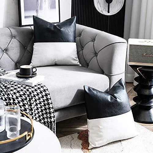 Leather Throw Pillow Covers, Set of 2 20" x 20" (Pack of 2) Black / White