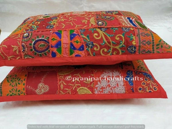Indian Handmade Patchwork Cushion Vintage Red Throw Sofa Pillow Cover 40x60 cm