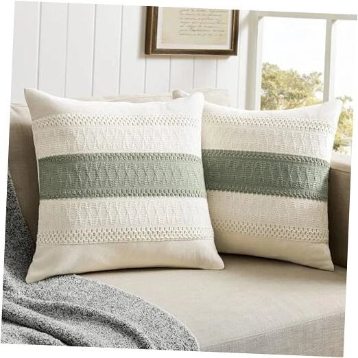 2 Packs Cotton Boho Throw Pillow Covers 20" x 20" (Pack of 2) Contrast/Green