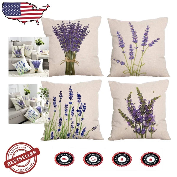 Vibrant HD Print Pillow Covers 18x18 - Lavender Flower Set of 4 for Sofa and Bed
