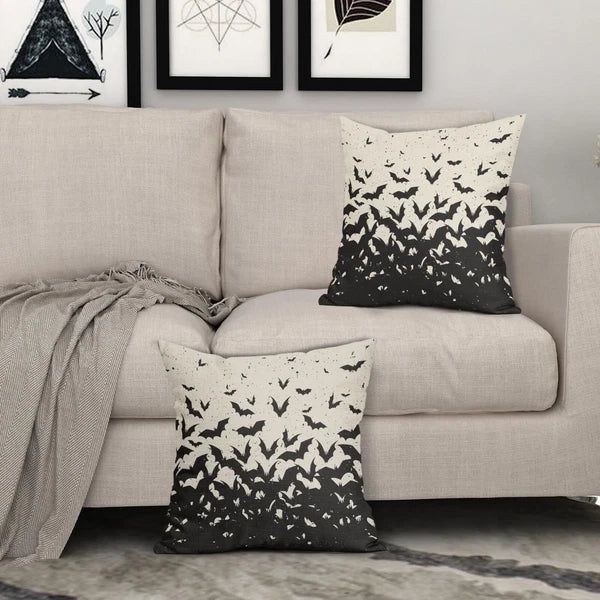 Halloween Bat Pillow Covers 16x16 Set of 2 Black Scary Pattern Print Hallowee...