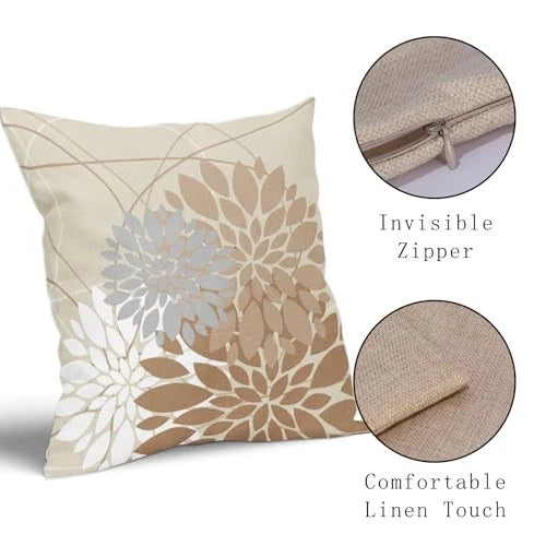 Light Brown Flower Pillow Covers 18" x 18" (Pack of 2) Light Brown Grey White