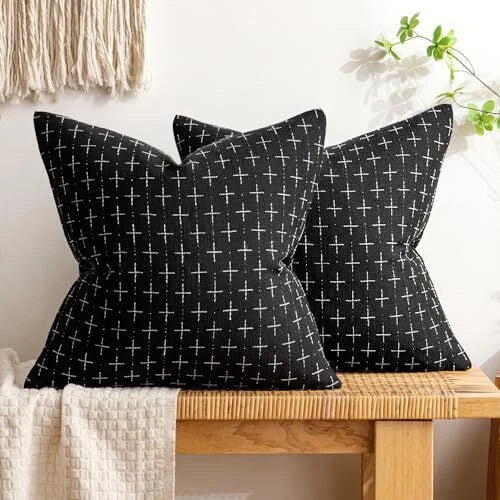 Pack of 2 Decorative Burlap Linen Throw Pillow 18x18 Inch (Pack of 2) Black