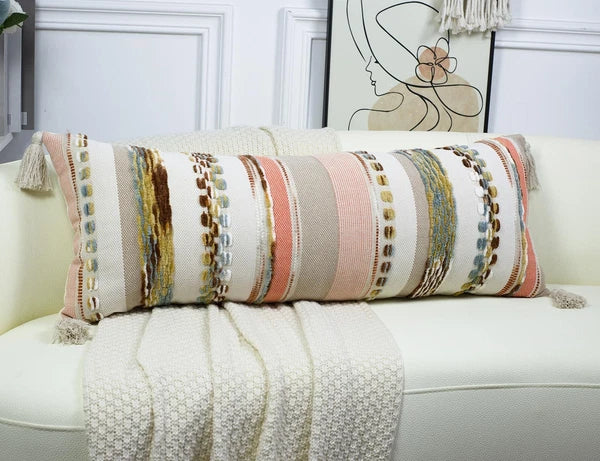 Boho Long Lumbar Throw Pillow Cover 14 x 36 Orange, Chenille Morocan Extra Lo...