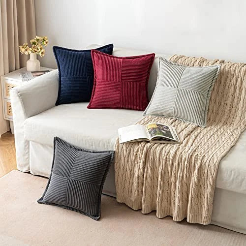 Corduroy Pillow Covers with Splicing Set of 2 18" x 18" (Pack of 2) Navy Blue