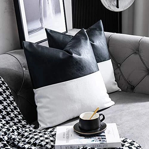 Leather Throw Pillow Covers, Set of 2 20" x 20" (Pack of 2) Black / White