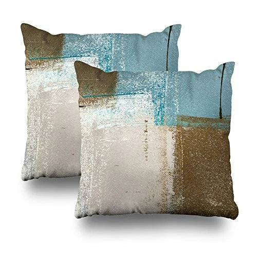 Set of 2 Decorative Pillow Case Throw 18x18 Set of 2 Blue Brown Abstract