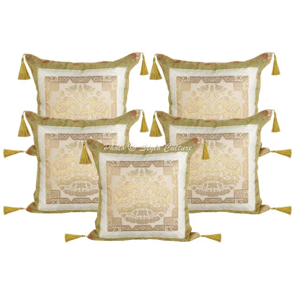 White Cushion Cover Brocade Jacquard Gypsy Elephant Tribal Hippie Pillow