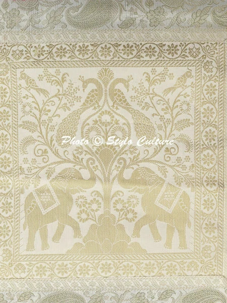 Indian Decor Brocade Sofa Cushion Cover White Decorative Elephant Pillow Cover